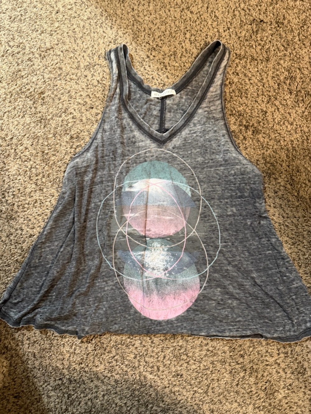 Aeropostale Gray Graphic V-Neck Tank with Pastel Print